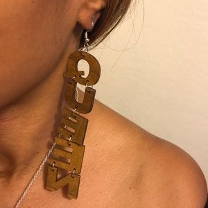 Dangling Drop “QUEEN” Wood Earrings Silver Hook